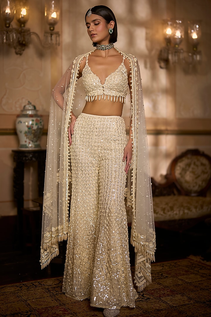 Cream Net Embroidered Bridal Sharara Set by Seema Gujral at Pernia's Pop Up Shop