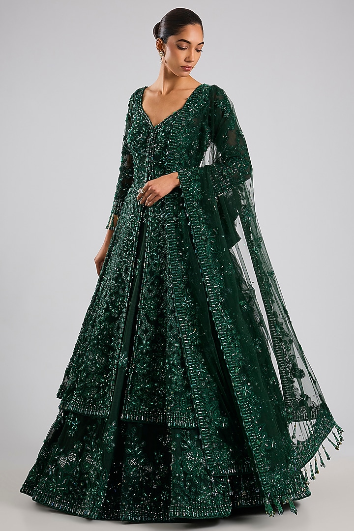 Green Net Embroidered Bridal Lehenga Set by Seema Gujral at Pernia's Pop Up Shop