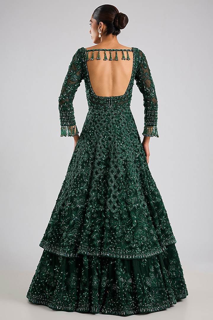 Green Net Embroidered Bridal Lehenga Set by Seema Gujral at Pernia's Pop Up Shop