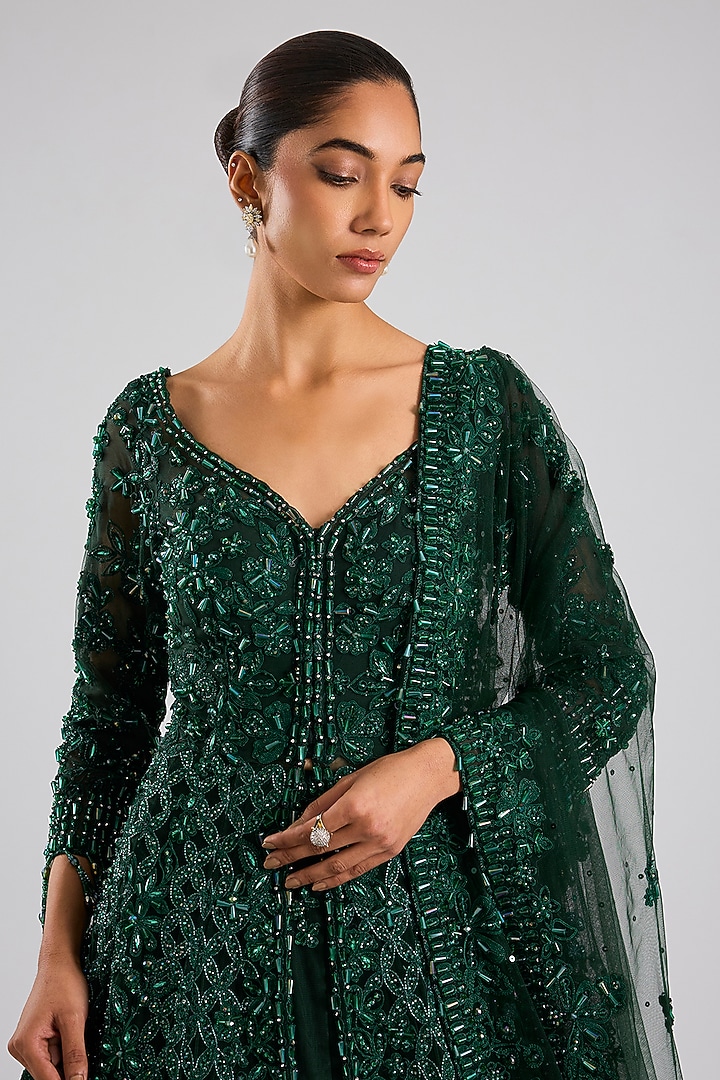 Green Net Embroidered Bridal Lehenga Set by Seema Gujral at Pernia's Pop Up Shop
