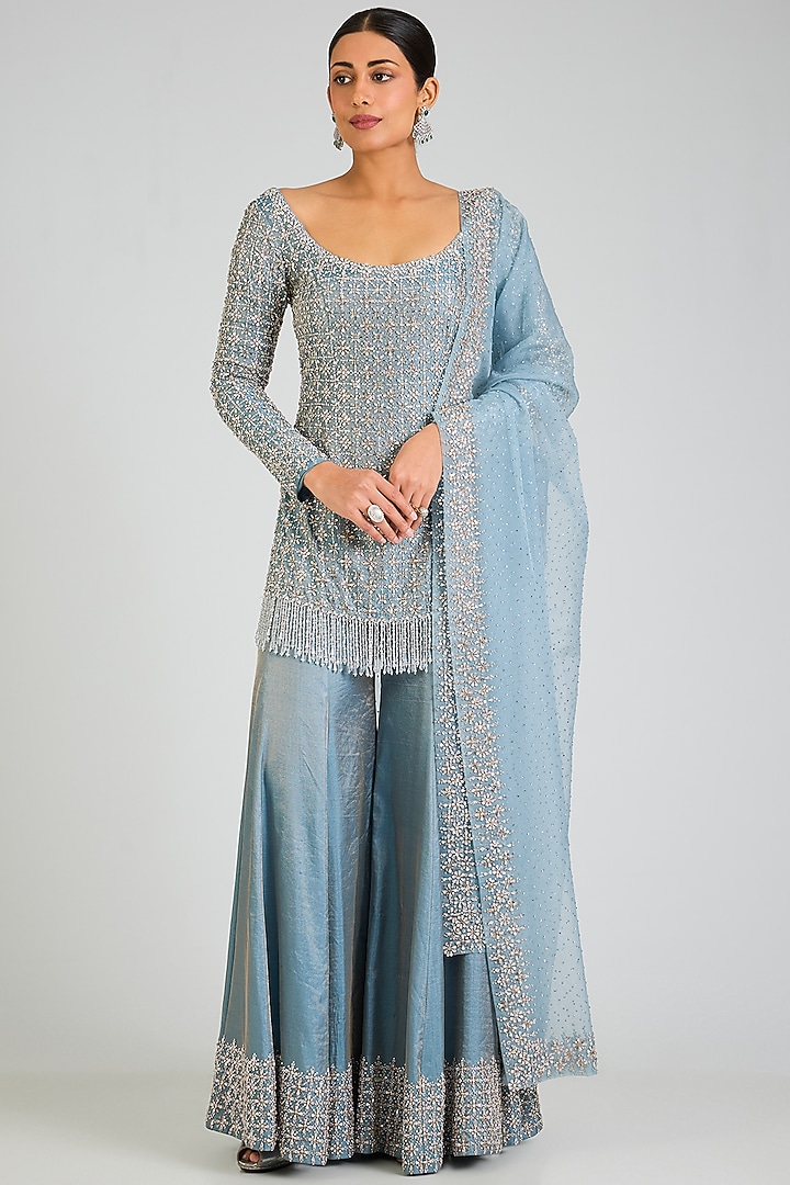 Ice Blue Tissue Bridal Sharara Set by Seema Gujral at Pernia's Pop Up Shop