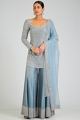 Ice Blue Tissue Sharara Set by Seema Gujral