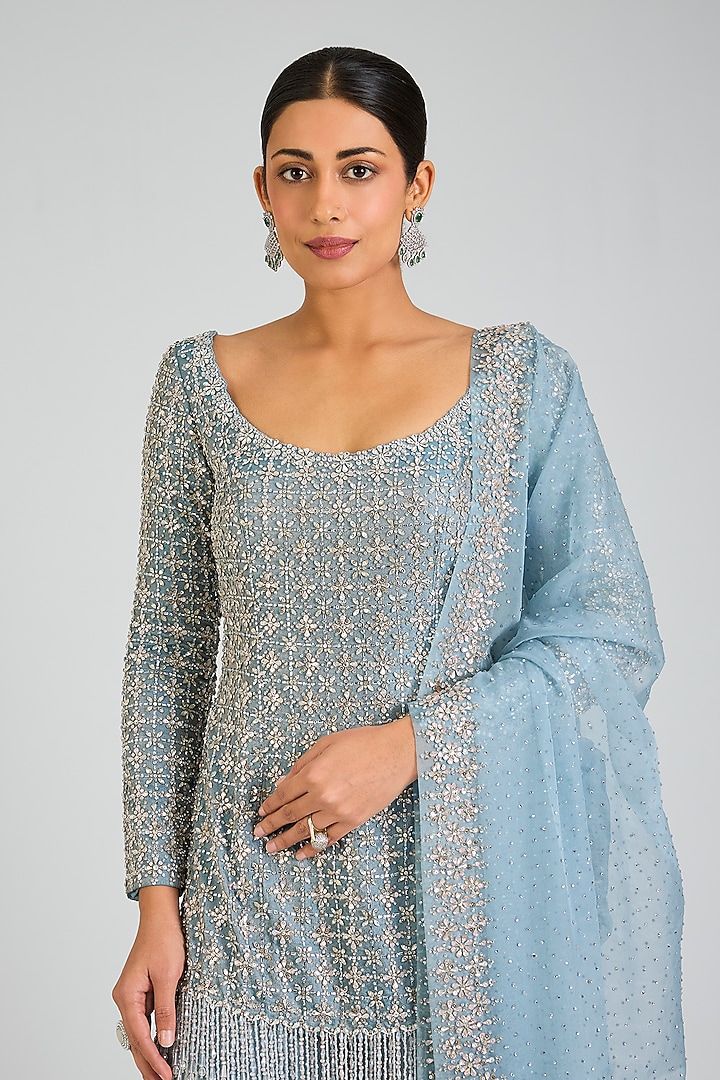 Ice Blue Tissue Bridal Sharara Set by Seema Gujral at Pernia's Pop Up Shop