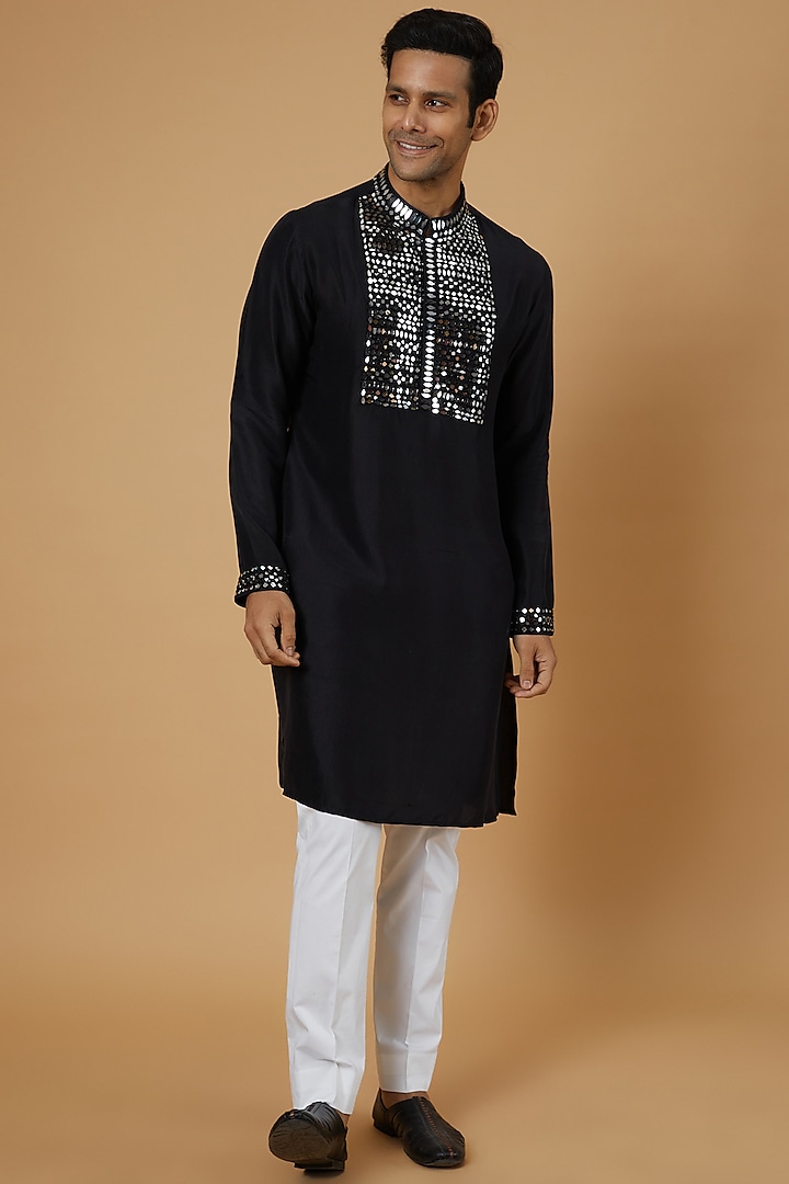 Black Dupion Silk Embroidered Kurta Set by Seema Gujral Men