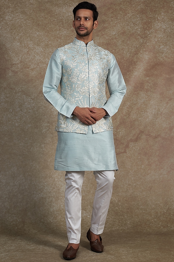 Powder Blue Raw Silk Embroidered Nehru Jacket With Kurta Set by Seema Gujral Men