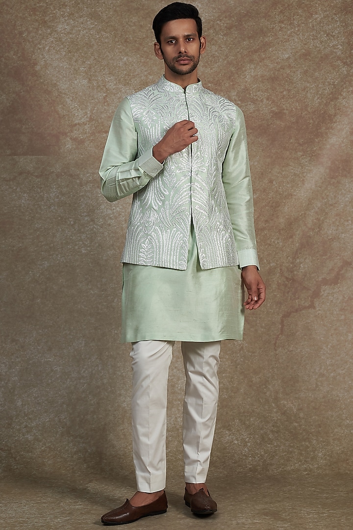 Powder Green Raw Silk Embroidered Bundi Jacket With Kurta Set by Seema Gujral Men