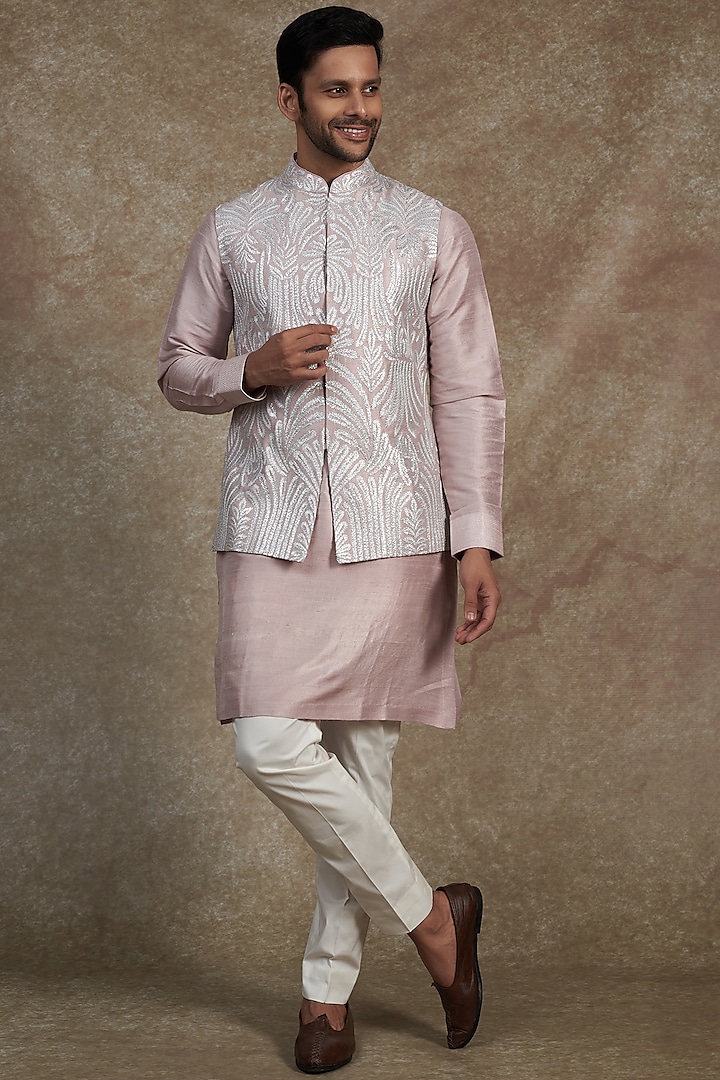 Powder Pink Raw Silk Embroidered Nehru Jacket With Kurta Set by Seema Gujral Men
