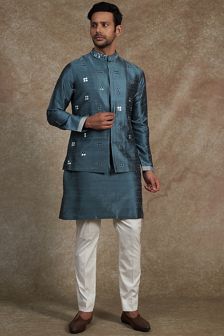 Teal Blue Raw Silk Embroidered Nehru Jacket With Kurta Set by Seema Gujral Men
