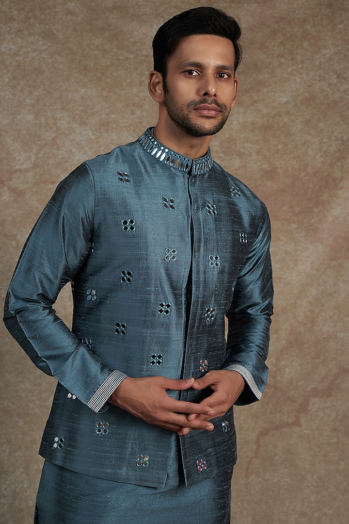 Teal Blue Raw Silk Embroidered Nehru Jacket With Kurta Set by Seema ...