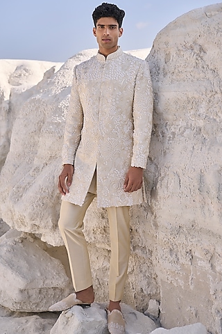 Cream Raw Silk Floral Embroidered Sherwani Set by Seema Gujral Men