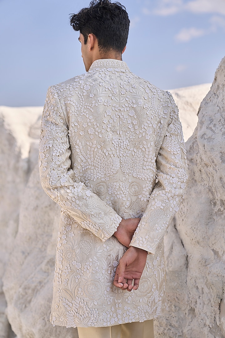Cream Raw Silk Floral Embroidered Groom Sherwani Set by Seema Gujral Men at Pernia's Pop Up Shop