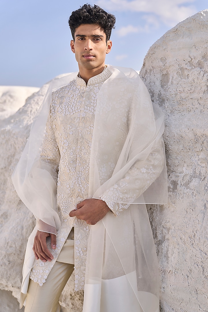 Cream Raw Silk Floral Embroidered Groom Sherwani Set by Seema Gujral Men at Pernia's Pop Up Shop