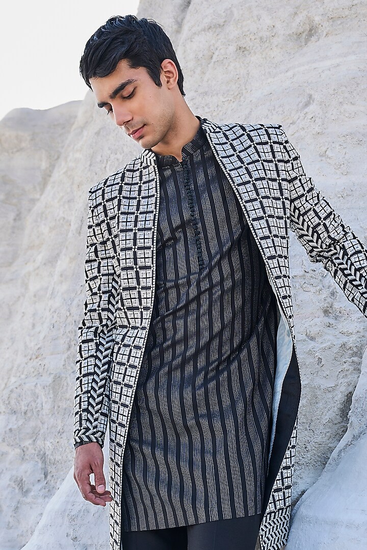 Black & White Raw Silk Embroidered Groom Indowestern Set by Seema Gujral Men at Pernia's Pop Up Shop