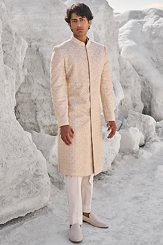 Nude Raw Silk French-Knot Embroidered Sherwani Set by Seema Gujral Men