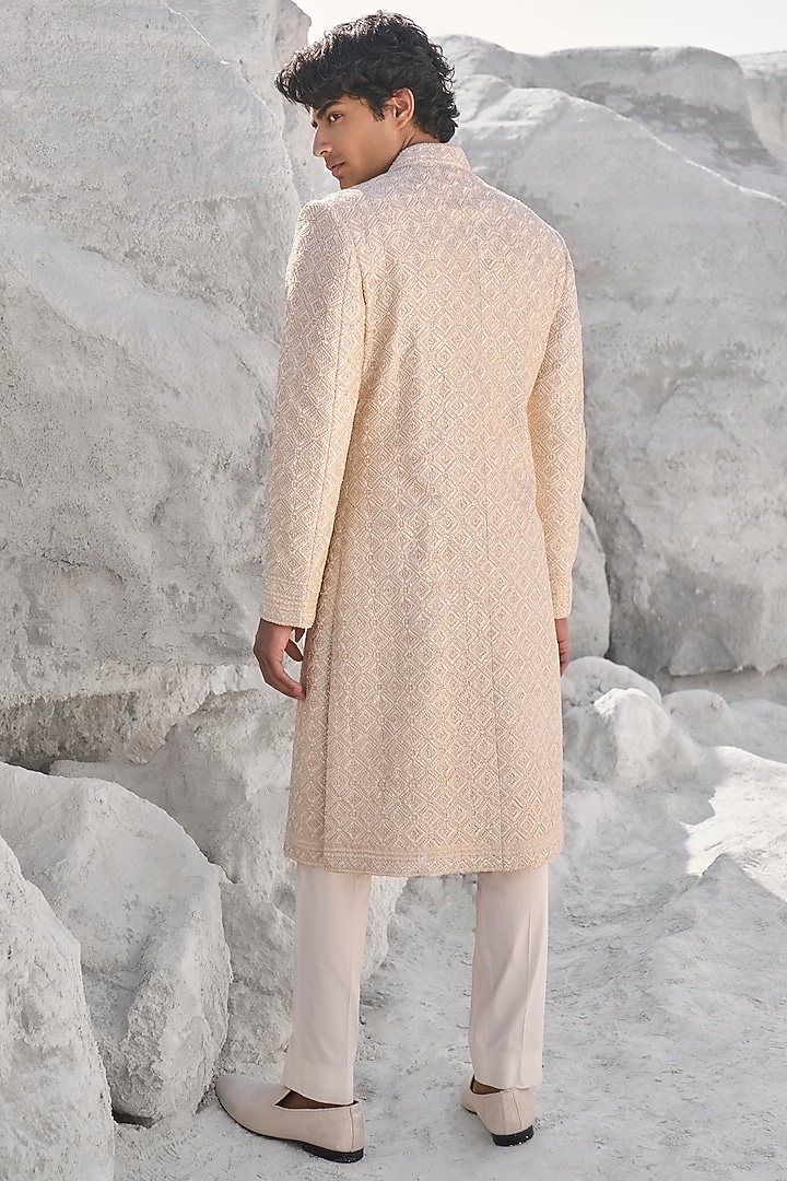 Nude Raw Silk French-Knot Embroidered Groom Sherwani Set by Seema Gujral Men at Pernia's Pop Up Shop