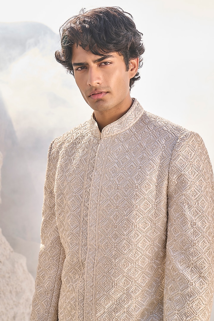 Nude Raw Silk French-Knot Embroidered Groom Sherwani Set by Seema Gujral Men at Pernia's Pop Up Shop