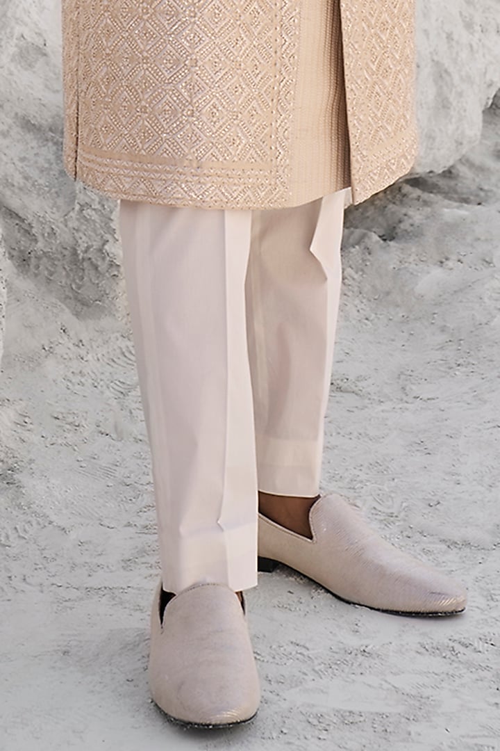 Nude Raw Silk French-Knot Embroidered Groom Sherwani Set by Seema Gujral Men at Pernia's Pop Up Shop