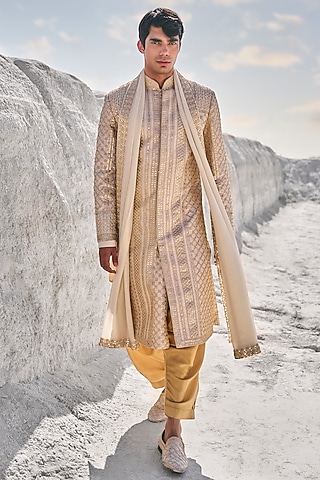 Gold Raw Silk Gota Patti Embroidered Sherwani Set by Seema Gujral Men