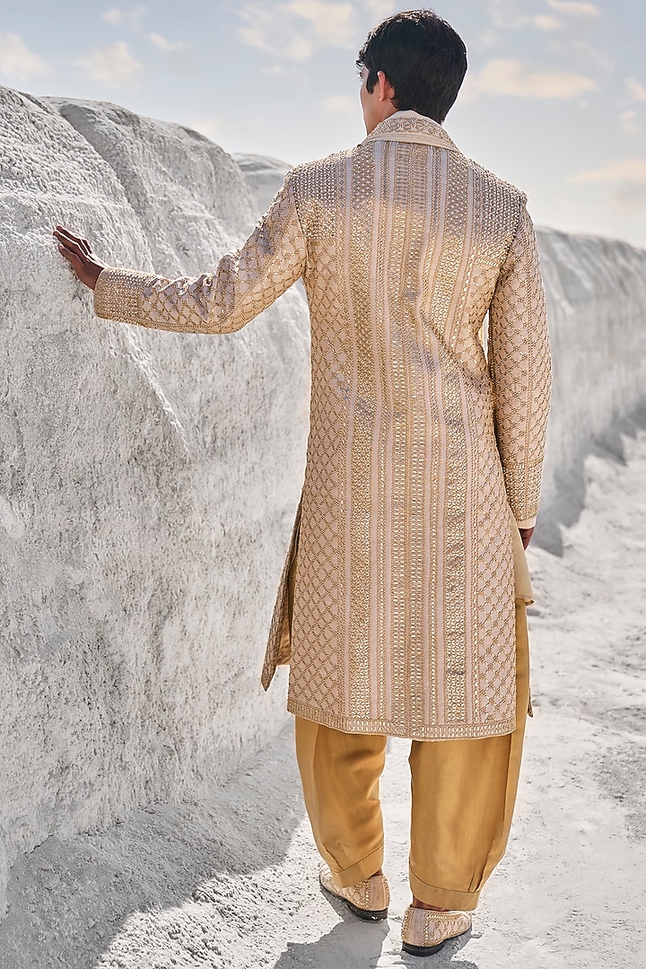 Gold Raw Silk Gota Patti Embroidered Groom Sherwani Set by Seema Gujral Men at Pernia's Pop Up Shop