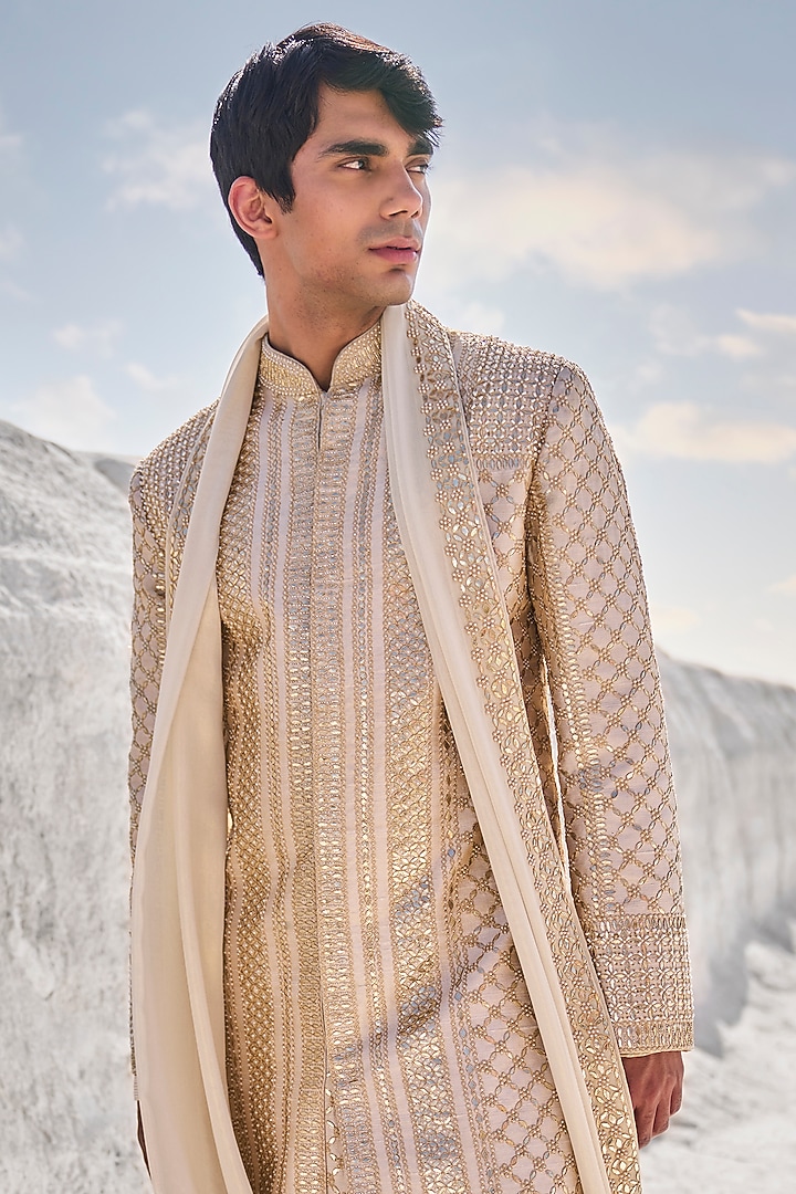 Gold Raw Silk Gota Patti Embroidered Groom Sherwani Set by Seema Gujral Men at Pernia's Pop Up Shop