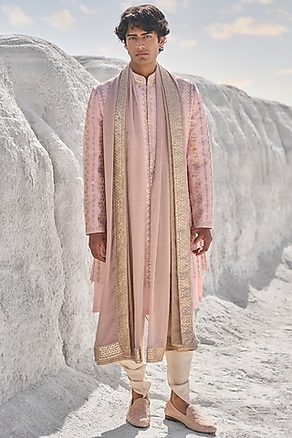 Pink Raw Silk Embroidered Sherwani Set by Seema Gujral Men