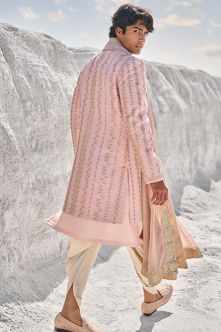 Pink Raw Silk Gota Patti Embroidered Groom Sherwani Set by Seema Gujral Men at Pernia's Pop Up Shop