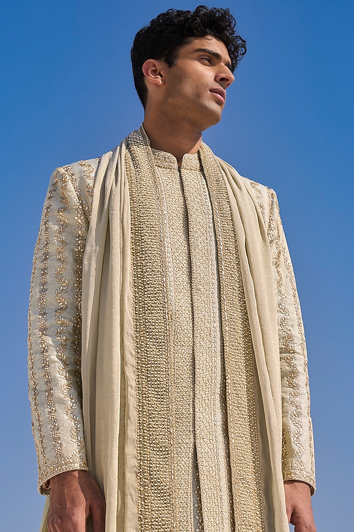 Sage Green Raw Silk Embroidered Groom Sherwani Set by Seema Gujral Men at Pernia's Pop Up Shop