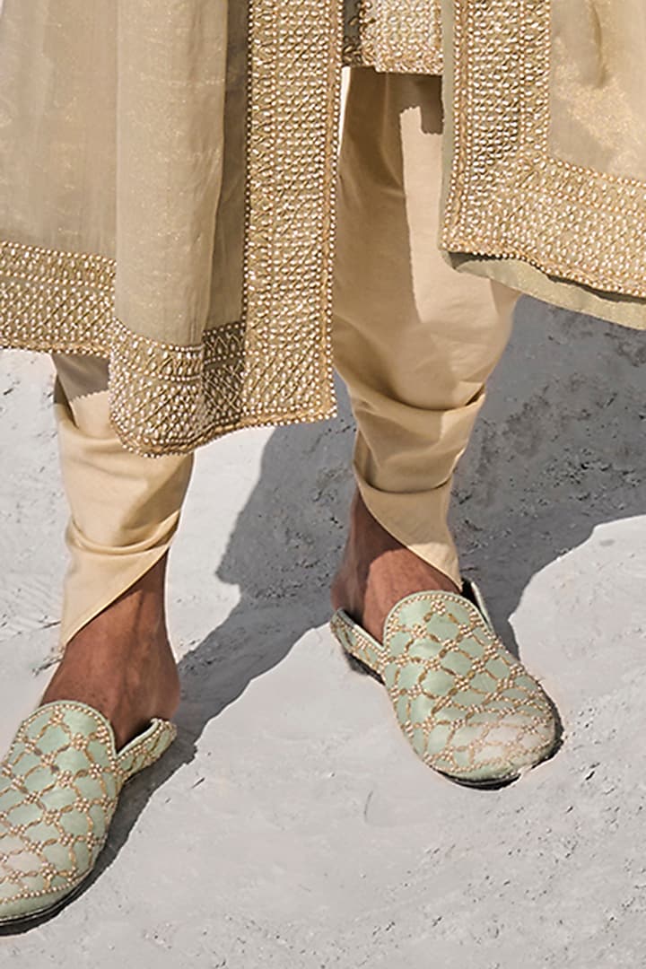 Sage Green Raw Silk Gota Patti Embroidered Groom Sherwani Set by Seema Gujral Men at Pernia's Pop Up Shop