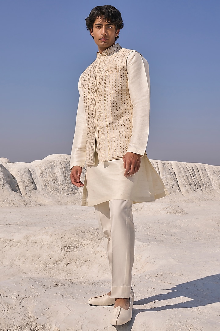 Beige & Gold Raw Silk Nehru Jacket With Kurta Set by Seema Gujral Men