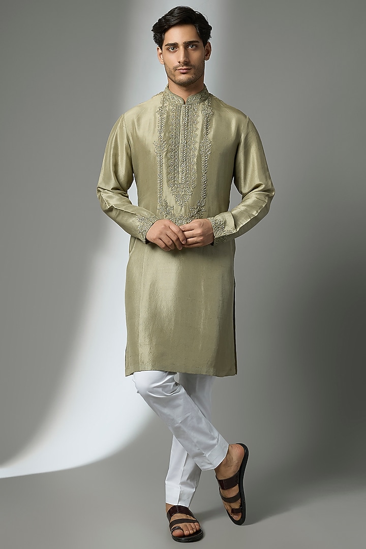 Olive Silk Kurta Set by Seema Gujral Men at Pernia's Pop Up Shop