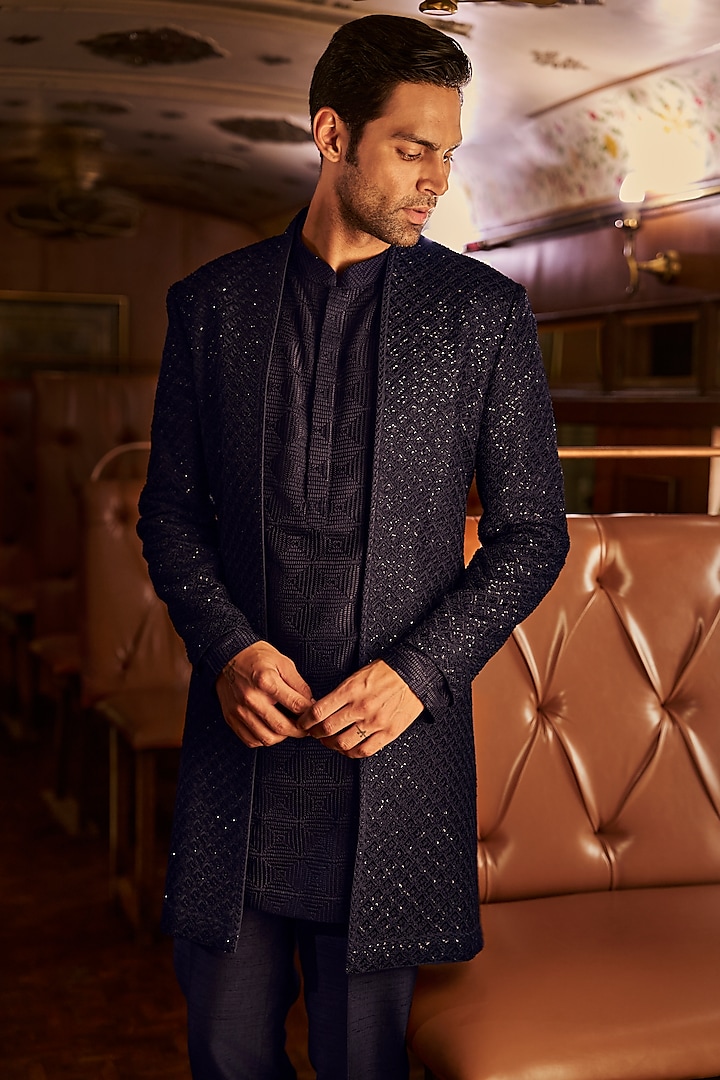 Black Raw Silk Threadwork Groom Sherwani Set by Seema Gujral Men at Pernia's Pop Up Shop