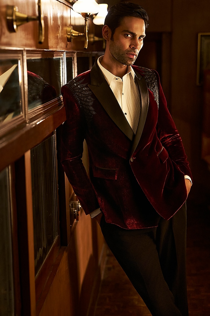 Wine Velvet Bugle Beads Embroidered Tuxedo Set by Seema Gujral Men