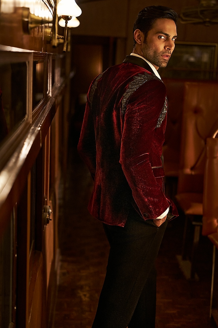 Wine Velvet Bugle Beads Embroidered Tuxedo Set by Seema Gujral Men at Pernia's Pop Up Shop