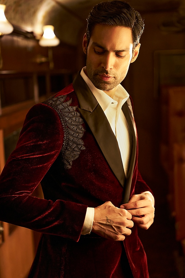 Wine Velvet Bugle Beads Embroidered Tuxedo Set by Seema Gujral Men at Pernia's Pop Up Shop