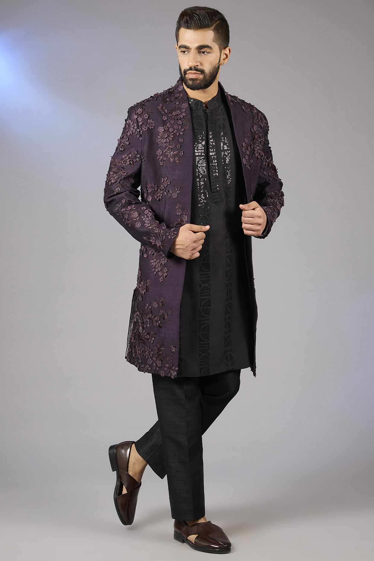 Deep Purple Raw Silk Embroidered Indowestern Set by Seema Gujral Men
