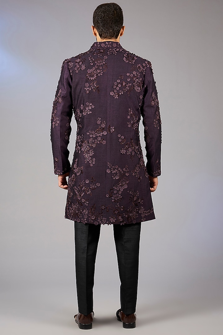 Deep Purple Raw Silk Embroidered Groom Indowestern Set by Seema Gujral Men at Pernia's Pop Up Shop