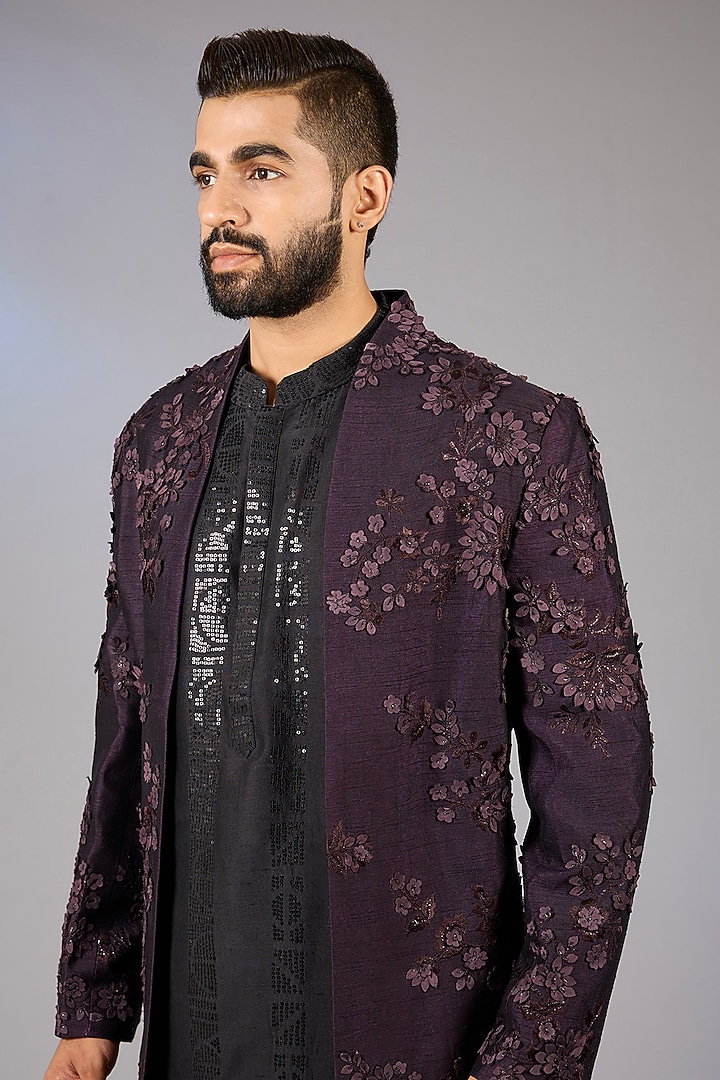 Deep Purple Raw Silk Embroidered Groom Indowestern Set by Seema Gujral Men at Pernia's Pop Up Shop