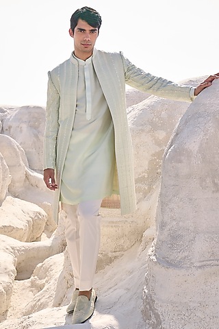 Sea Green Raw Silk Embroidered Indowestern Set by Seema Gujral Men