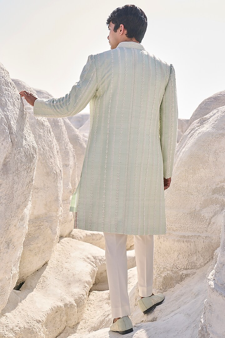 Sea Green Raw Silk Embroidered Groom Indowestern Set by Seema Gujral Men at Pernia's Pop Up Shop