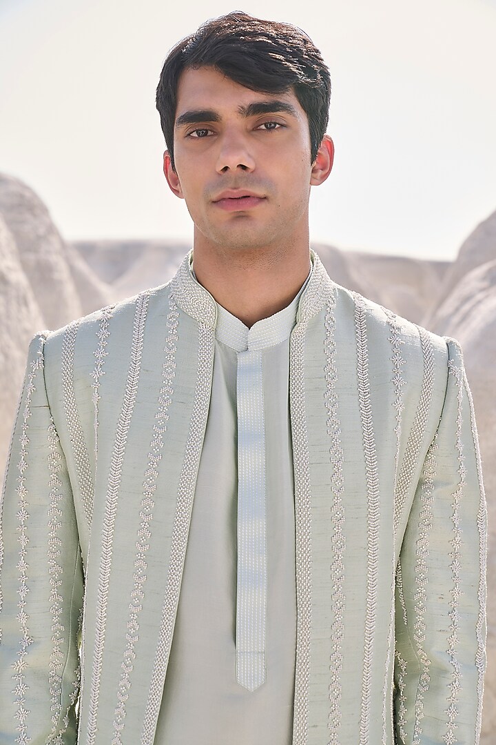 Sea Green Raw Silk Embroidered Groom Indowestern Set by Seema Gujral Men at Pernia's Pop Up Shop