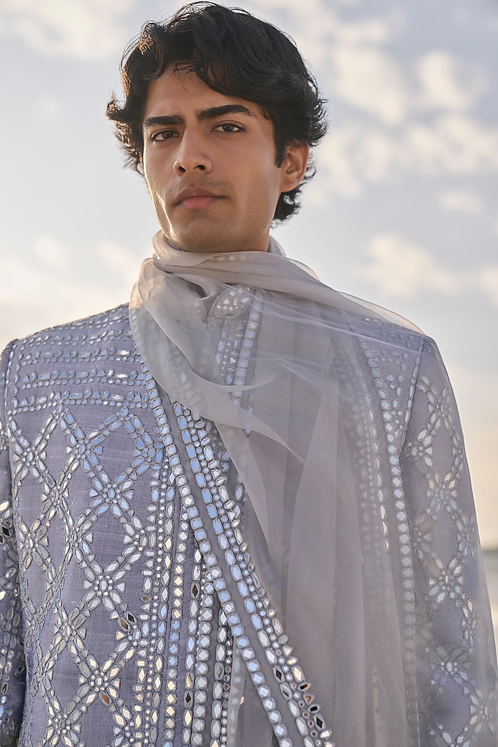 Grey Raw Silk Mirror Work Groom Sherwani Set by Seema Gujral Men at Pernia's Pop Up Shop