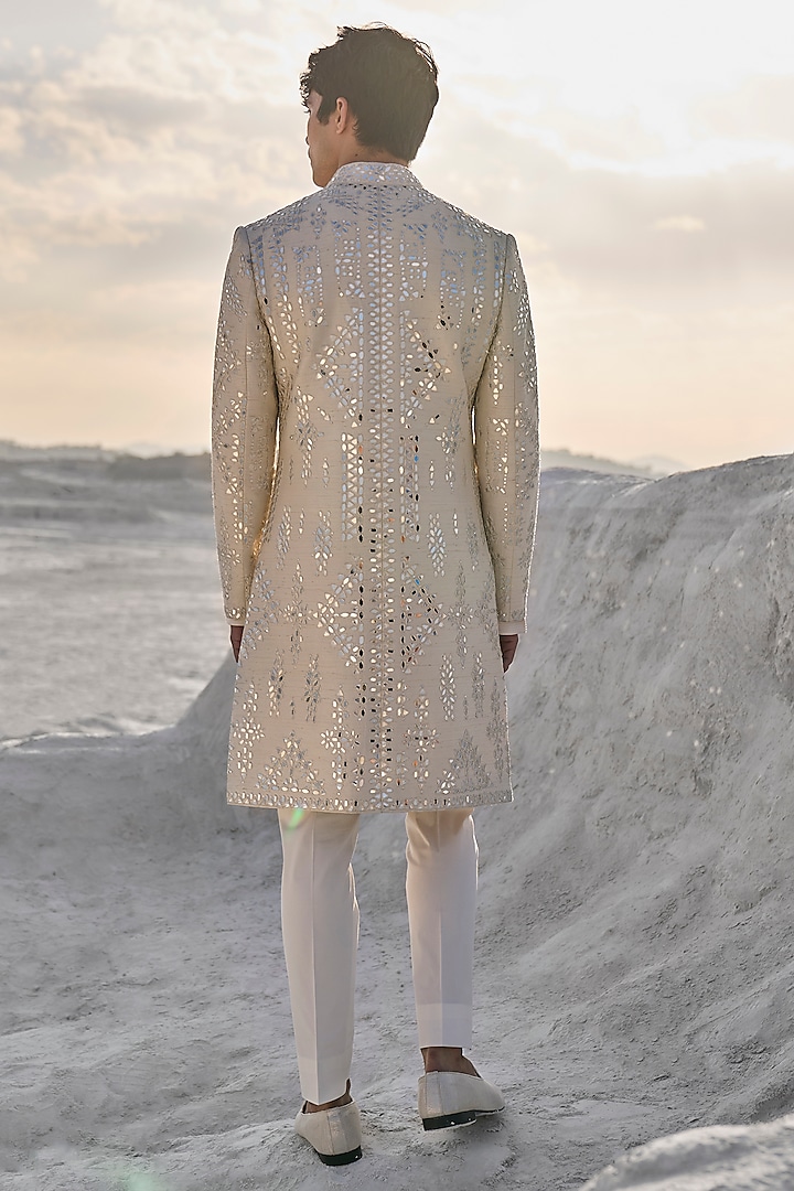 Off-White Raw Silk Embroidered Groom Sherwani Set by Seema Gujral Men at Pernia's Pop Up Shop