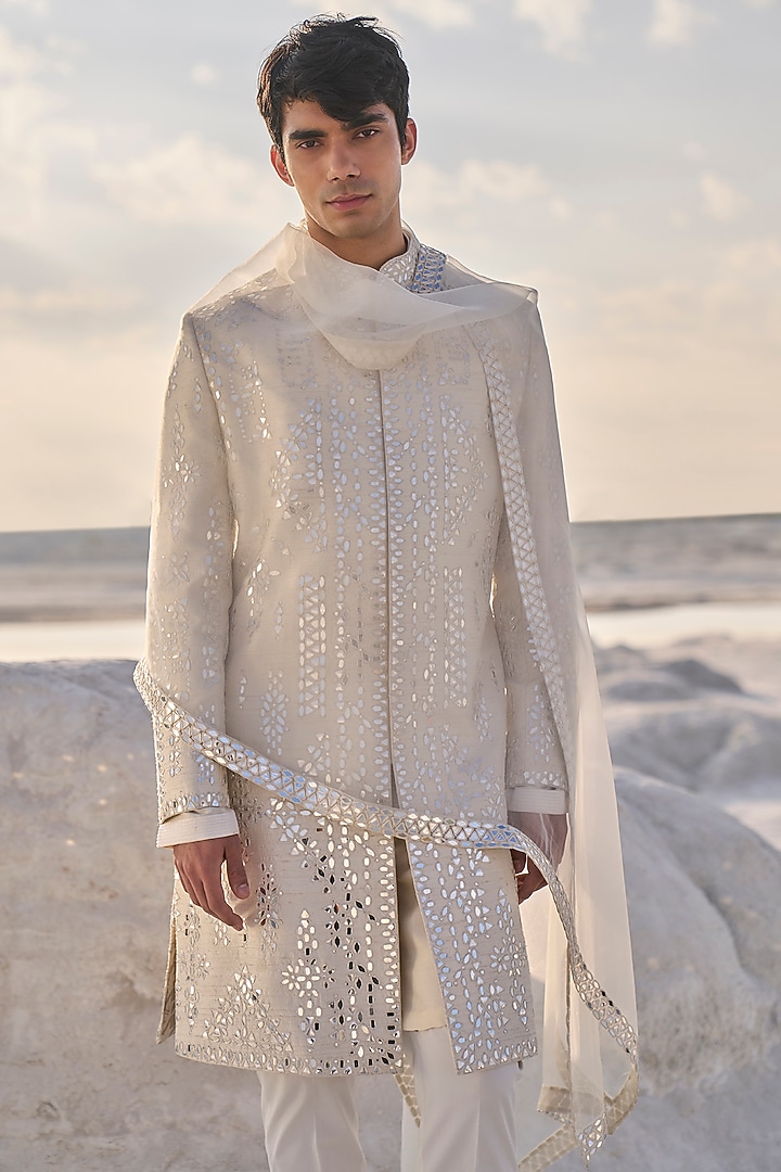 Off-White Raw Silk Embroidered Groom Sherwani Set by Seema Gujral Men at Pernia's Pop Up Shop