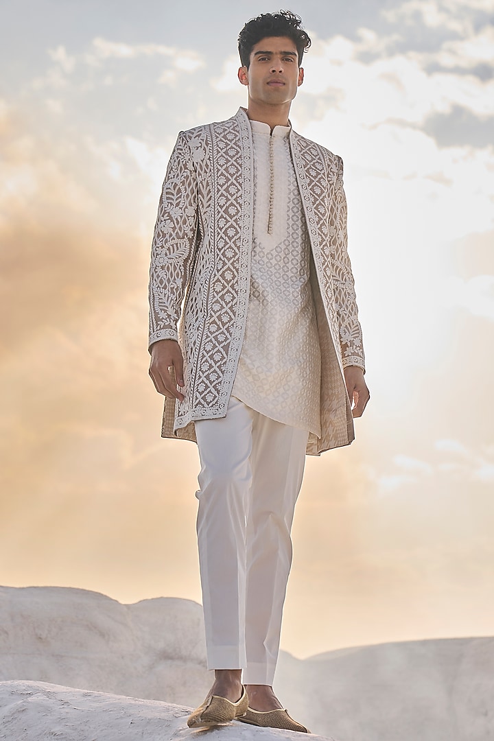 Nude Raw Silk Embroidered Indowestern Set by Seema Gujral Men