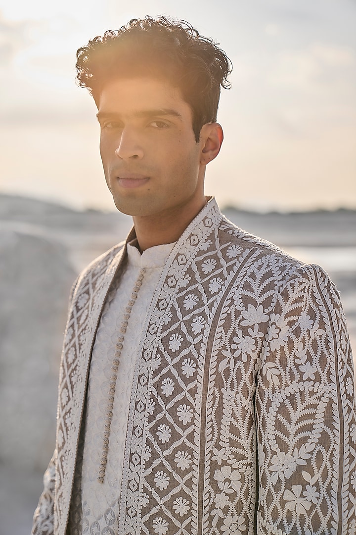 Nude Raw Silk Embroidered Groom Indowestern Set by Seema Gujral Men at Pernia's Pop Up Shop