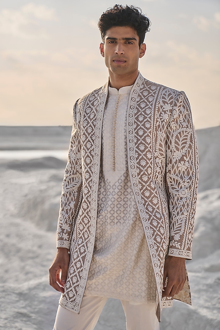 Nude Raw Silk Embroidered Groom Indowestern Set by Seema Gujral Men at Pernia's Pop Up Shop