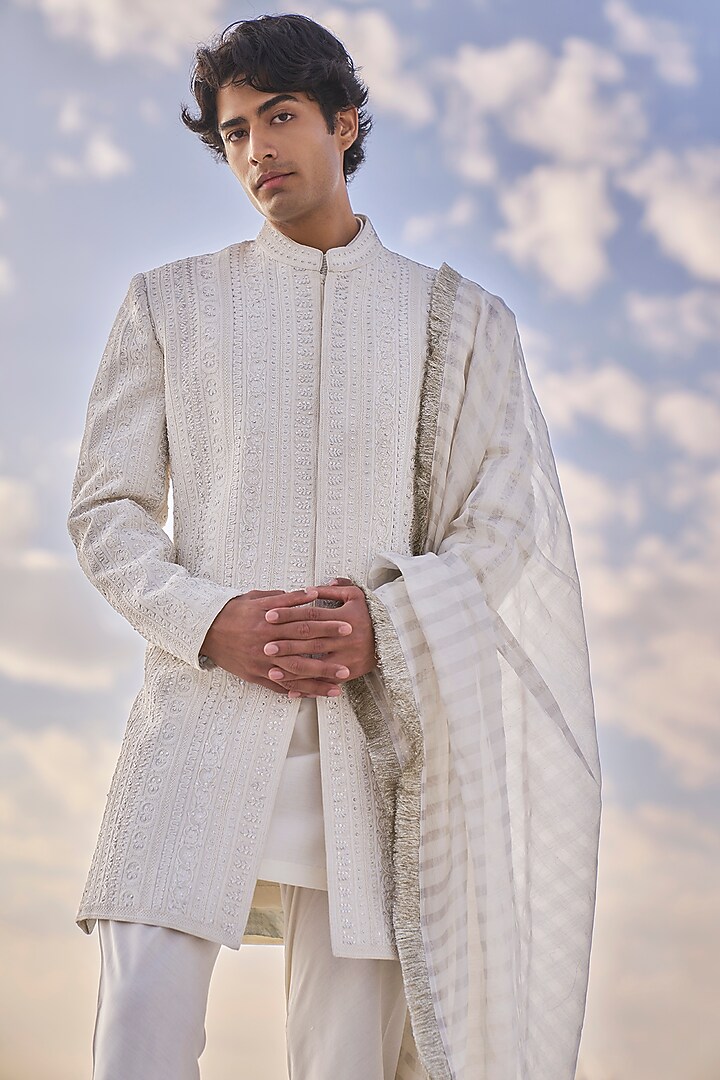 Off-White Raw Silk Embroidered Groom Sherwani Set by Seema Gujral Men at Pernia's Pop Up Shop