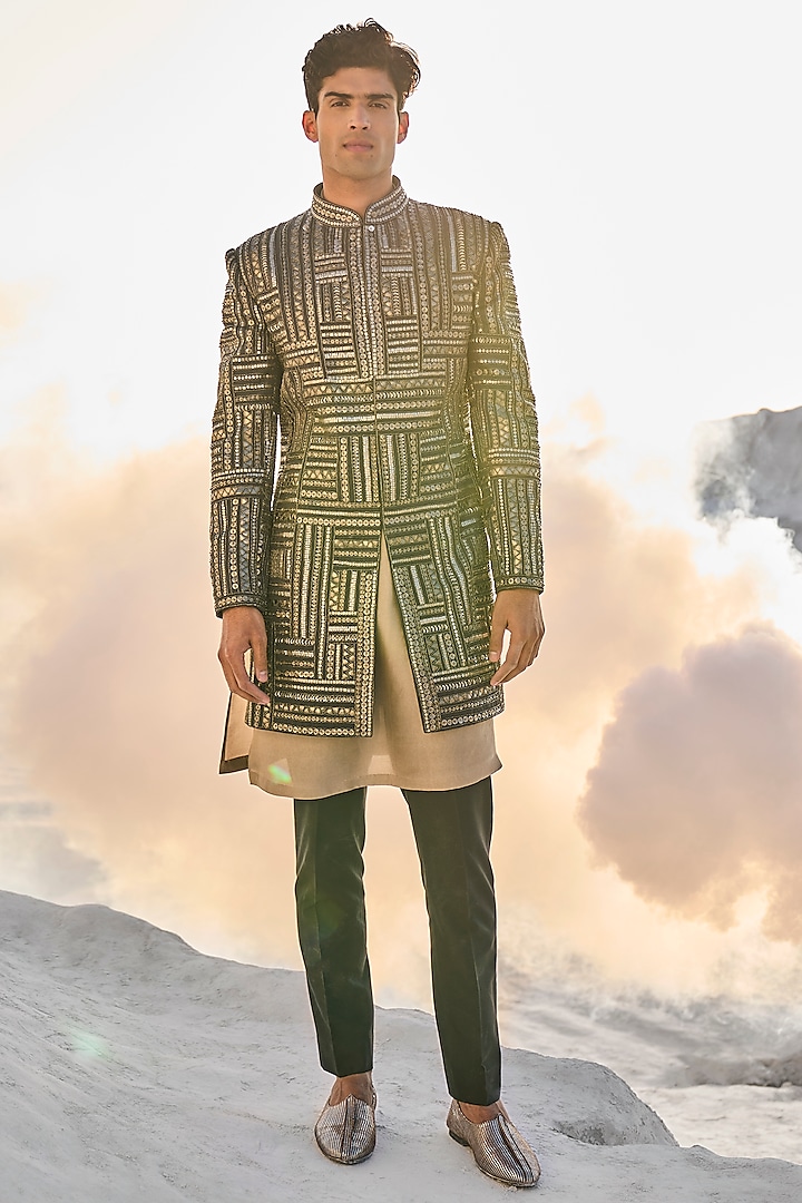 Grey & Brown Suiting Fabric Embroidered Sherwani Set by Seema Gujral Men