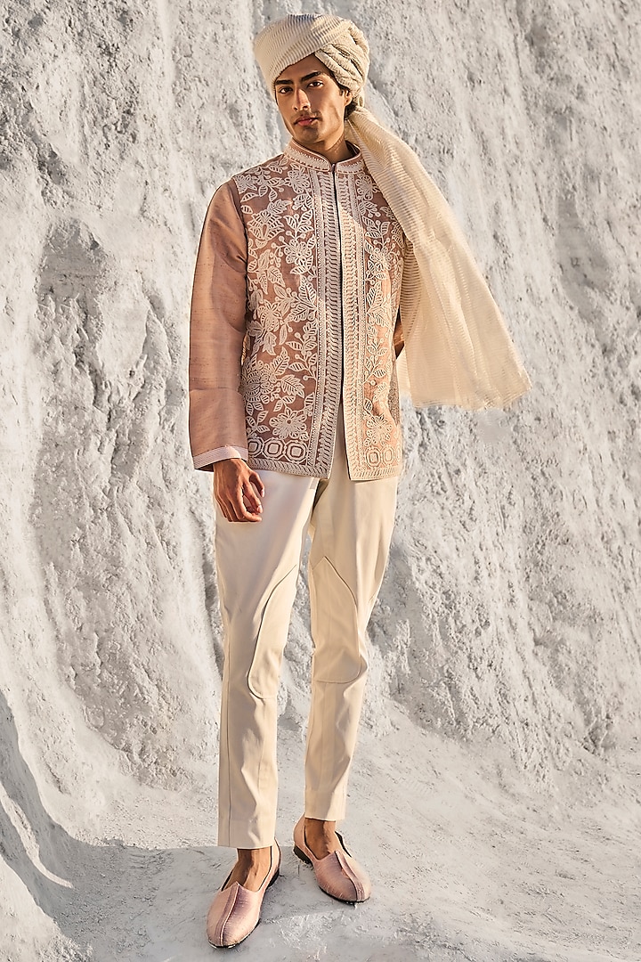Nude Raw Silk Embroidered Bundi Jacket With Pant Set by Seema Gujral Men