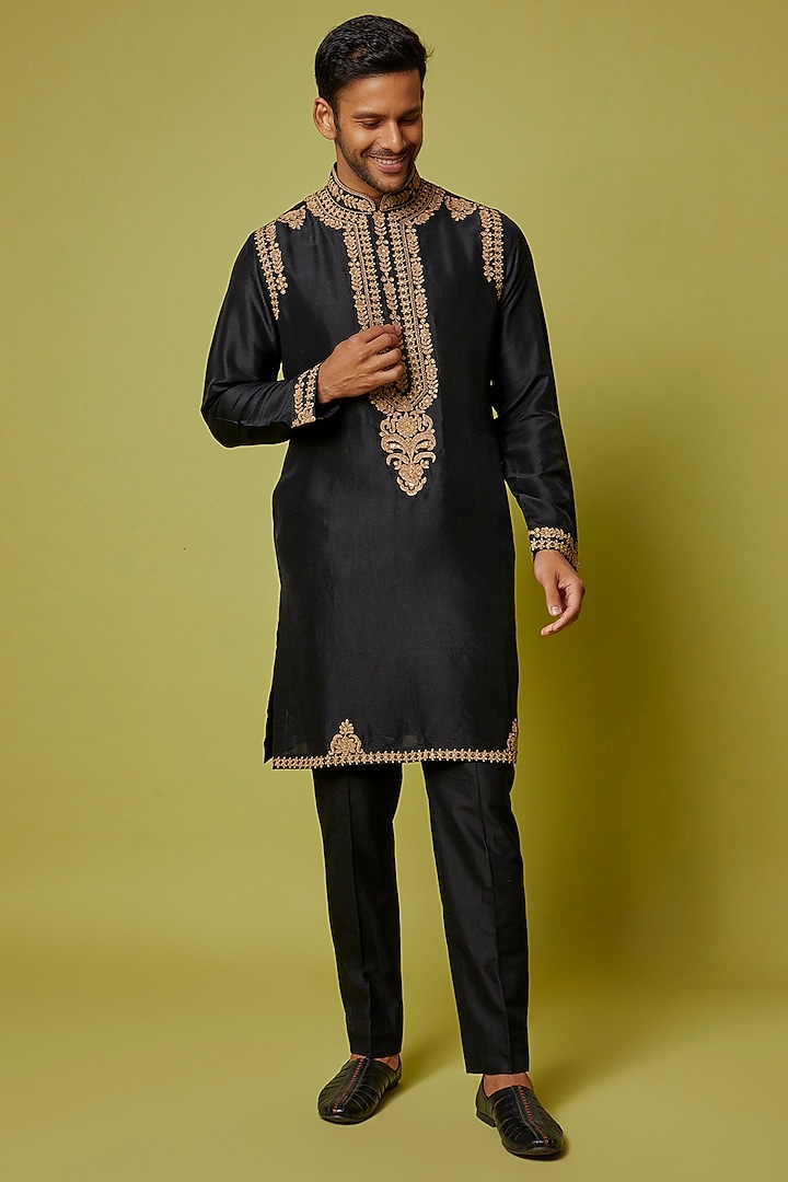 Black Silk Embroidered Kurta Set by Seema Gujral Men